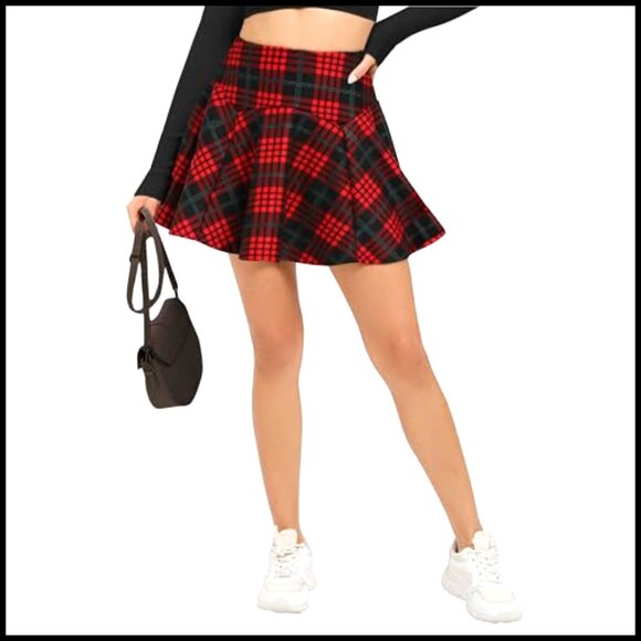 Stretchy Elastic Waist Plaid Flared Mini Skater Skirt for Fall Winter - Picture 4 of 4